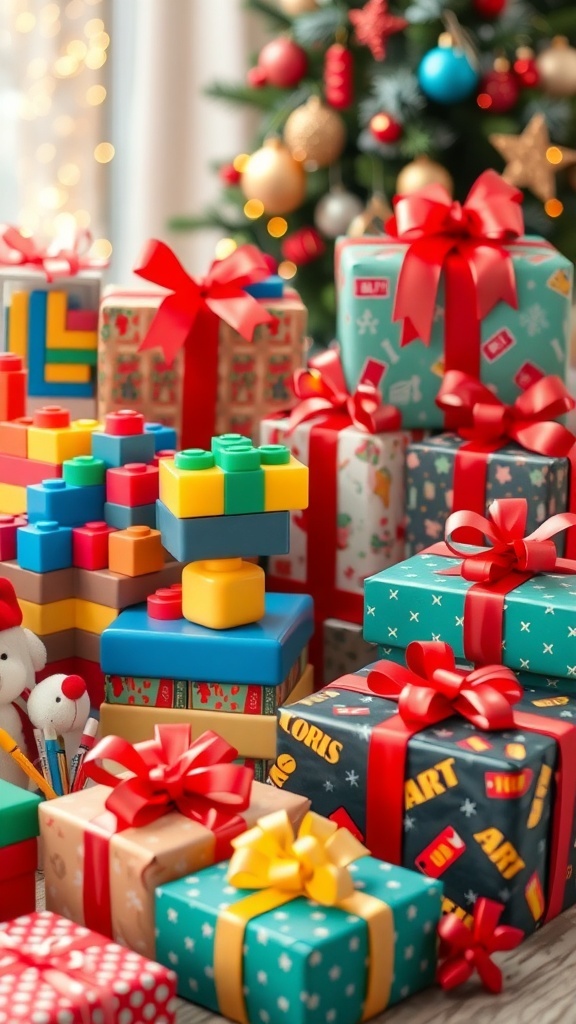 A collection of Christmas gifts for children, including toys and art supplies, arranged under a decorated Christmas tree.